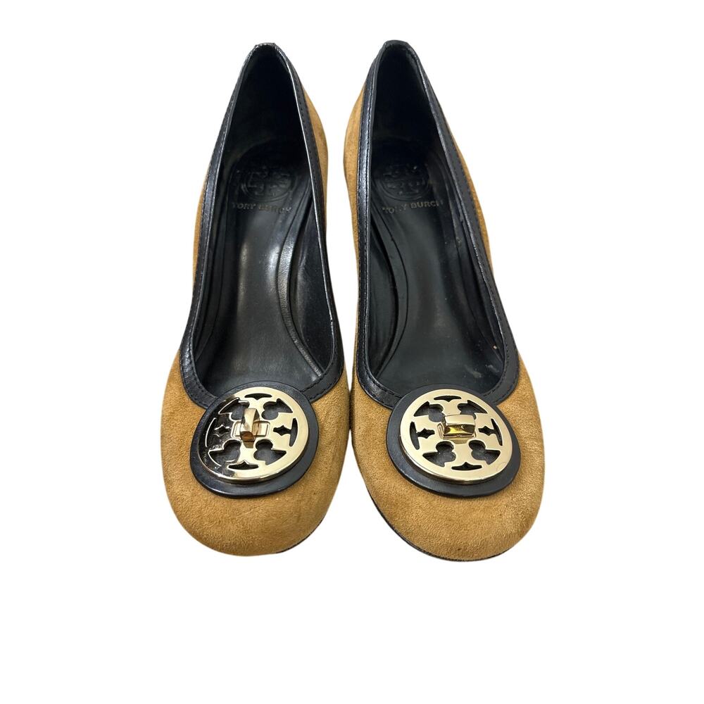 Tory Burch Brown Suede Gold Emblom Heels Sz 8